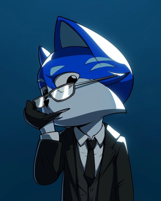 A digital illustration of an anthropomorphic blue fox character wearing glasses, a white shirt, black tie, and dark suit jacket, with one hand near their face.