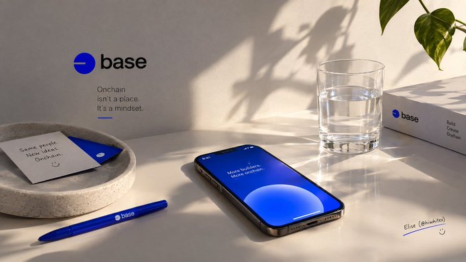 A Base-branded promotional scene with the slogan 'Onchain isn't a place. It's a mindset,' featuring a phone displaying 'More builders. More onchain,' alongside a handwritten note reading 'Same people. New ideas. Onchain.'
