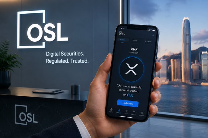 A hand holds a smartphone displaying the OSL app with the message "XRP is now available for retail trading on OSL" alongside a prominent "Trade Now" button. The OSL logo and tagline "Digital Securities. Regulated. Trusted." appear on the left, with Hong Kong's skyline visible in the background, visually reinforcing the milestone of Hong Kong becoming the first licensed market to offer retail XRP trading.