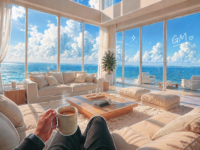 A first-person view shows someone holding a mug of coffee while sitting on a couch in a bright, airy room with floor-to-ceiling windows overlooking a vast blue ocean under a cloudy sky, with 'GM ♡' written on the window.