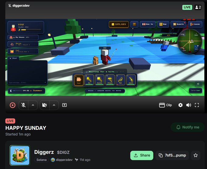 A live stream by 'diggerzdev' playing a Roblox fishing/mining game, showing in-game currency of 109,621 with a Solana $DIGZ token promotion.