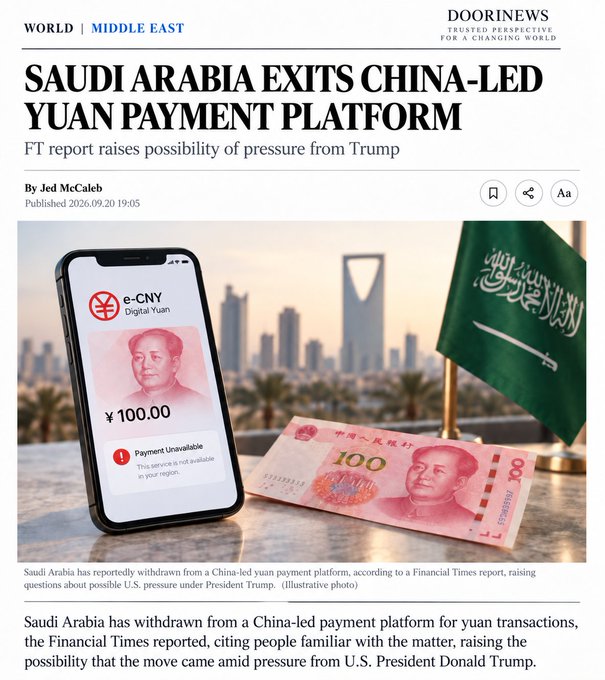 Saudi Arabia has exited a China-led digital yuan payment platform, with the image depicting a phone showing "e-CNY Digital Yuan" and a 100 yuan banknote next to the Saudi flag. This aligns with the post's assertion of a "Saudi Exit" and implies a shift in the digital currency landscape.