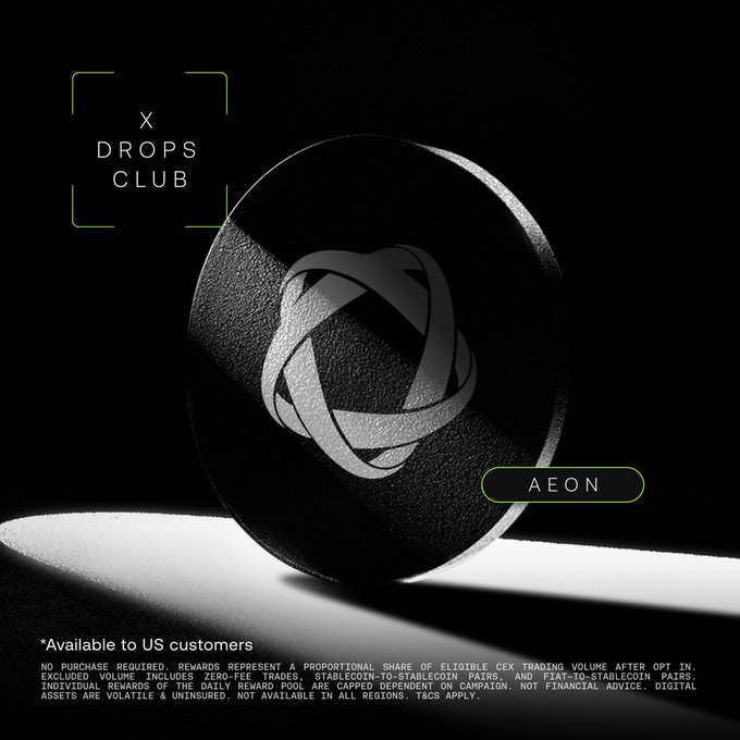 A promotional graphic for an "X DROPS CLUB" campaign featuring the "AEON" ticker, with a black sphere displaying an interlocking ring logo. The image aligns with the post announcing a live drop where US users can trade $AEON pairs with a 3x multiplier to earn a share of a 140K USDC reward pool, complete with disclaimers about eligibility and risks.