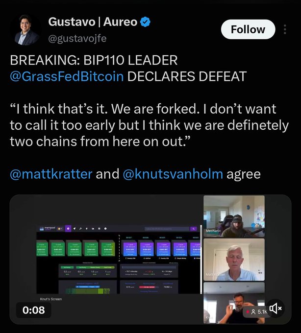 A tweet by Gustavo | Aureo (@gustavojfe) reporting that BIP110 leader @GrassFedBitcoin has declared defeat, with a quote: 'I think that's it. We are forked. I don't want to call it too early but I think we are definetely two chains from here on out.'