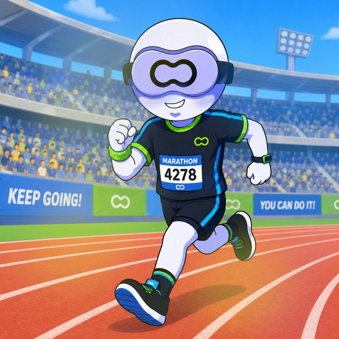 A cartoon mascot wearing a VR headset and a "MARATHON 4278" bib runs on a stadium track, with banners reading "KEEP GOING!" and "YOU CAN DO IT!" in the background—visually echoing the post's message about momentum and speed in both racing and Web3 data infrastructure.
