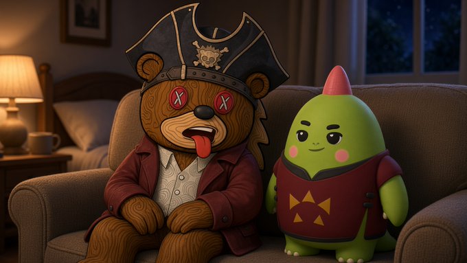 A 3D-rendered scene shows a teddy bear dressed as a pirate with X-shaped eyes and a tongue out, sitting next to a green costumed character on a couch in a cozy living room.