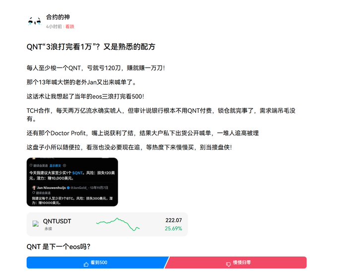 A Chinese-language social media post titled "合约的神" discusses QNT cryptocurrency, predicting a rally to $10,000 with a familiar pattern of hype, referencing "Jan Nieuwenhuijs" (IronGold) and showing QNTUSDT up 25.69% to $222.07.