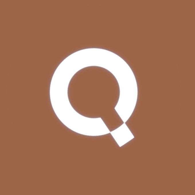 A large white letter 'Q' on a brown background.