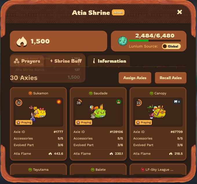A screenshot from a video game showing an 'Atia Shrine' interface with character options including Sukamon, Saudade, and Canopy, displaying stats like Axie Flame values.