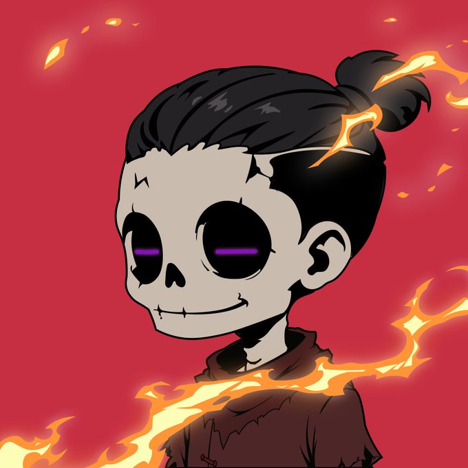 An illustrated character with a skull-like face, dark hair in a top bun, purple glowing eyes, and flames surrounding them against a red background.