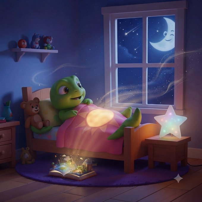 An illustration depicts a smiling green turtle tucked into a bed under a sun-patterned blanket in a bedroom at night, with a smiling moon visible through the window.