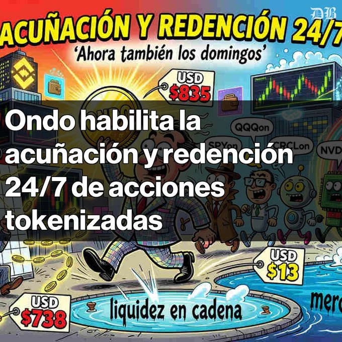 Spanish-language news graphic from 'El B' announcing 'Ondo habilita la acuñación y redención 24/7 de acciones tokenizadas' (Ondo enables 24/7 minting and redemption of tokenized stocks) with a cartoon showing a man running with a giant coin.