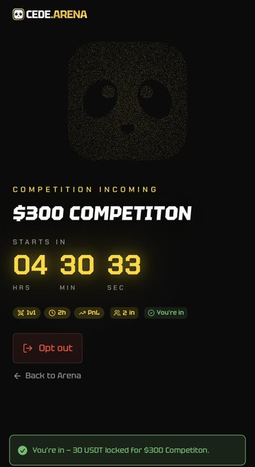 A Cede Arena app screen showing a "$300 Competition" with a countdown timer at 04:30:33, indicating the user is opted in with 30 USDT locked.