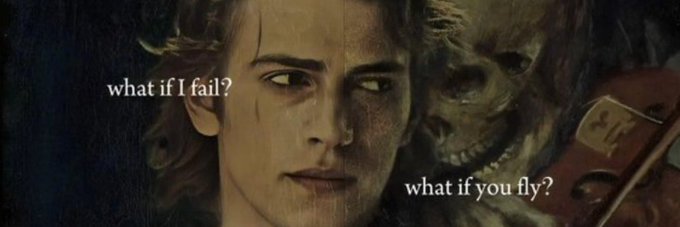 A young man with curly hair looks thoughtfully to the side alongside a skeleton figure playing a violin, overlaid with the text "what if I fail?" and "what if you fly?"—evoking themes of risk and ambition that mirror the post's reflection on the $RUNNER rug pull, where the dev's departure leaves behind only the "lore."