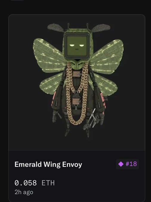 A digital NFT titled "Emerald Wing Envoy" (#18) featuring a futuristic bee-like cyborg character with green circuit-board wings, a screen face, and gold chains, listed at 0.058 ETH. The image matches the post's description of a "rare Builder Bot" purchase with its matrix-inspired, robotic insect aesthetic.
