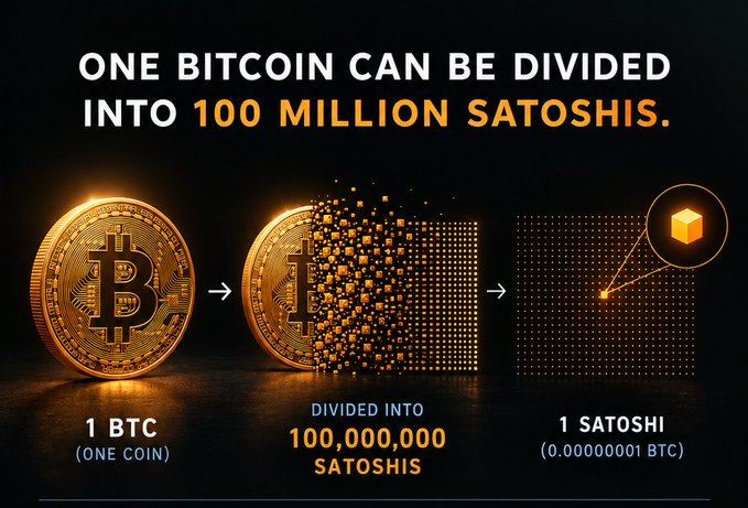 The image illustrates Bitcoin's smallest denomination, stating "ONE BITCoin CAN BE DIVIDED INTO 100 MILLION SATOSHIS," with a visual breakdown of 1 BTC transforming into 100,000,000 satoshis, each equal to 0.00000001 BTC—supporting the post's point that Bitcoin has 2.1 quadrillion units, not just 21 million coins.