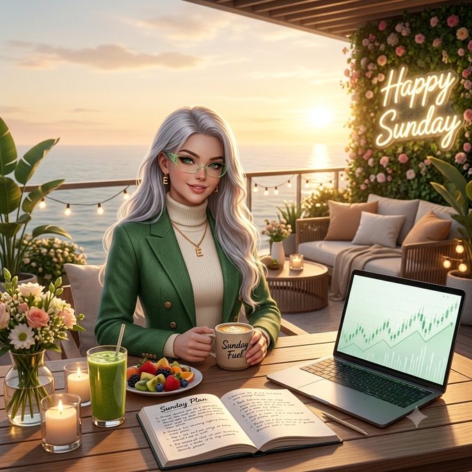 A digital illustration of a smiling woman with silver hair and glasses holding a 'Sunday Fuel' mug, sitting at a wooden table with a laptop displaying a stock chart, a notebook titled 'Sunday Plan', and a sunset ocean view with a 'Happy Sunday' neon sign.