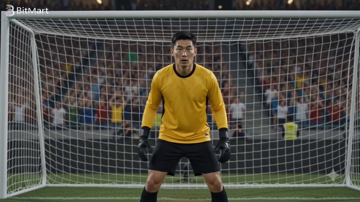 The image features a soccer player dressed in yellow standing next to a goalpost with his arms crossed over his chest. The player appears to be posing for a photo or video, possibly as part of an advertisement related to penalty shootouts during the World Cup. The background shows a crowd of people watching the game from behind the goalpost, and there is text that reads "POV: You were about to save the winning penalty in the World Cup final... then your office chair reminded you it'S Wednesday".
