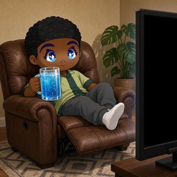 An anime-style illustration of a young boy with dark curly hair and large expressive eyes, relaxing in a brown leather recliner with his feet up while holding a glass mug filled with a glowing blue beverage, watching TV.