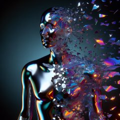 The image features a metallic mannequin with its head split into two halves, creating an abstract and surreal appearance. The mannequin's body is made of metal, giving it a shiny and reflective quality. The background appears to be black, which contrasts with the metallic sheen of the mannequin. The image also contains text that reads "RARE AGENTS produced thousands of Ai Agent Created artworks in 2025 Veil Born was the first RARE AGENT To successfully mint on ETH Feb. This curated drop on @rarible @impossible_ Highlights 150 selected works from VeilBorns Agent Created Artworks from 2025".