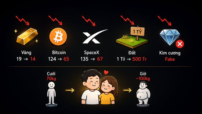 A humorous Vietnamese meme comparing failed investments—gold (19→14), Bitcoin (124→65), SpaceX stock (135→67), land (1 tỷ→500 triệu), and fake diamonds—to the one "investment" that gained value: marrying a wife who went from 70kg to 100kg, with illustrations showing each depreciating asset alongside a smiling couple and a heavier stick figure.