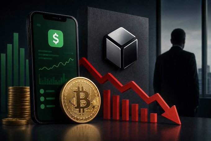 A composite financial image featuring a smartphone displaying a dollar sign chart, stacked gold coins, a Bitcoin, a dark 3D cube, and a red downward trend arrow, with a silhouetted businessman looking out a window.