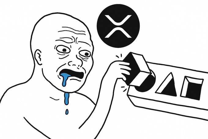 A black and white cartoon meme showing a bald man drooling while reaching for an 'XRP' logo on a shelf, with the XRP symbol displayed prominently in a black circle.