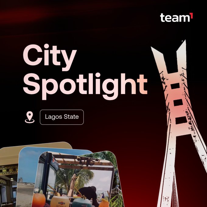 The image is a promotional graphic titled "City Spotlight: Lagos State," featuring the team1 logo in the top right corner and a stylized illustration of a tall communication tower on the right side. Two small photo insets at the bottom show glimpses of outdoor settings, likely from Team1's meetups and community events in Lagos.

This visual ties directly to the post about Team1 Nigeria's role in Lagos's tech ecosystem, highlighting the city as a central hub for Avalanche's community growth through grassroots events.
