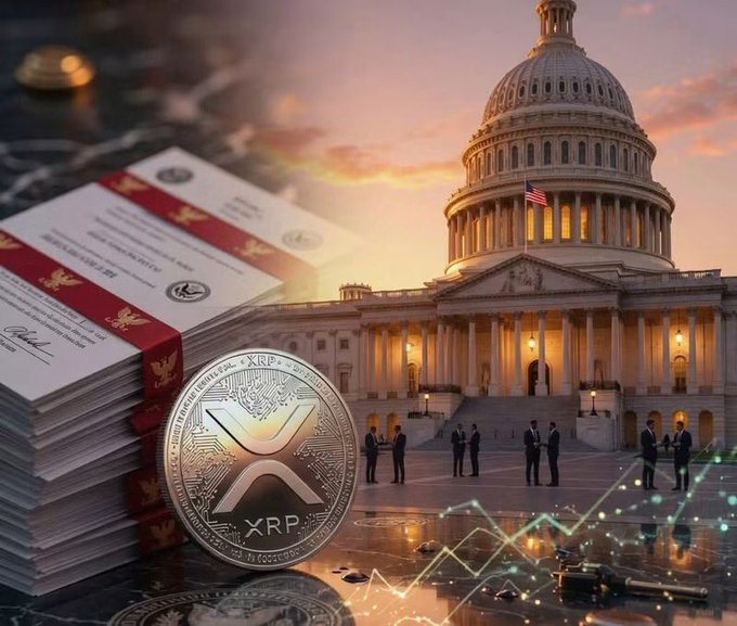 The image shows a physical XRP coin alongside stacked documents, set against the backdrop of the U.S. Capitol building at sunset with silhouetted figures gathered outside, visually representing the post's claim that President Trump's White House is actively reviewing the XRP-related Crypto Clarity Act with bipartisan cooperation at the Capitol.