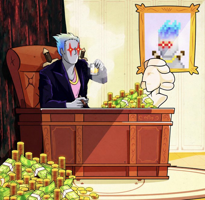 A man in sunglasses sits in a luxurious leather chair behind an ornate desk overflowing with stacks of cash and gold coins, sipping from a mug while admiring a pixelated portrait of a character resembling a furry meme figure on the wall. The image satirizes crypto trading success, visually mocking the boastful tone of someone flaunting massive gains from meme coins like $MARSCOIN and $BASECAT.