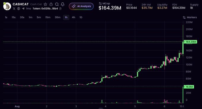 A cryptocurrency price chart for CASHCAT (token 0x020b...18b4) on Ethereum showing a dramatic price increase from approximately $16.9M to $164.39M market cap over a one-week period, with 24h volume of $35.71M and liquidity of $3.27M.