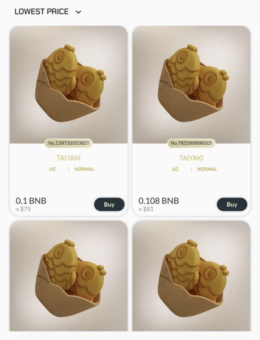 A marketplace listing displaying Taiyaki-shaped NFT items priced in BNB ($75 and $81) on what appears to be a crypto collectibles platform.