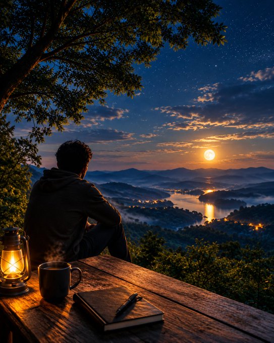 A person sits at a wooden table with a lantern, coffee mug, and journal, overlooking a misty mountain landscape at sunset or sunrise.