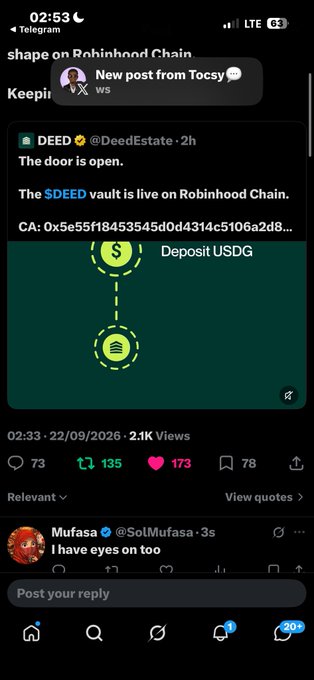 A mobile Telegram screenshot shows a post on the Robinhood Chain announcing 'The door is open' and 'The $DEED vault is live on Robinhood Chain,' displaying a deposit contract address.