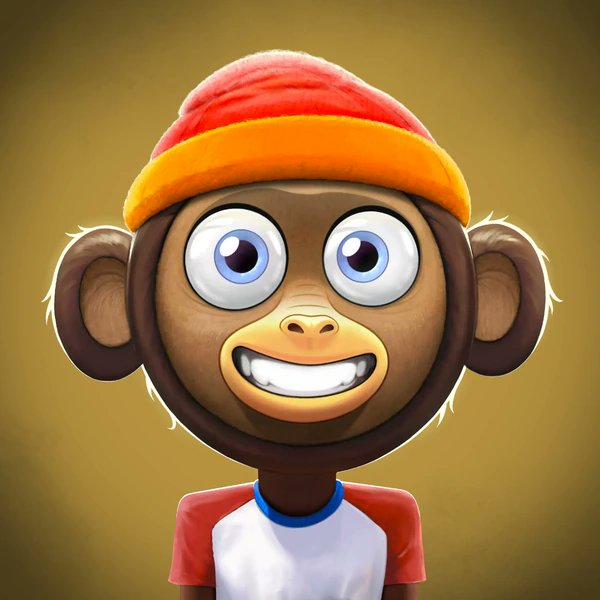 A 3D cartoon rendering of a smiling monkey wearing a red beanie and a red, white, and blue t-shirt against a solid brown background.