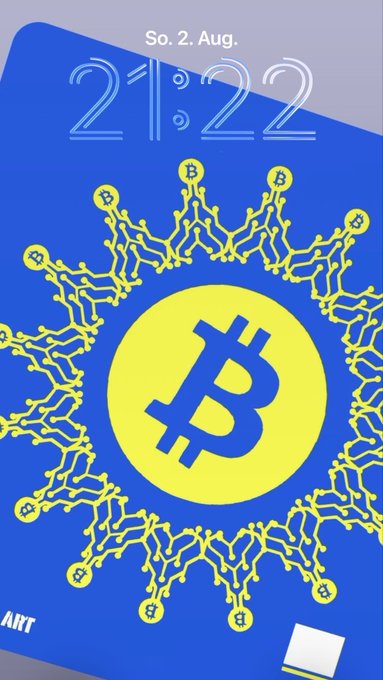 A blue poster featuring a central yellow circle with the Bitcoin logo, surrounded by an intricate circuit-like pattern of interconnected Bitcoin nodes dated 'So. 2. Aug.' with '2:22' displayed at the top.