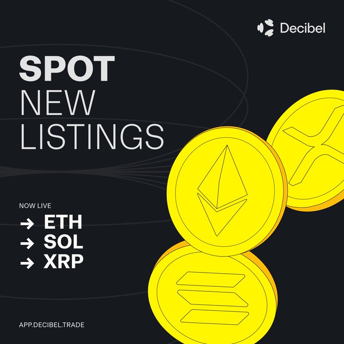 A promotional graphic from Decibel announces new spot listings now live for ETH, SOL, and XRP, featuring stylized yellow coin illustrations of each cryptocurrency against a dark background, directing users to trade at app.decibel.trade.