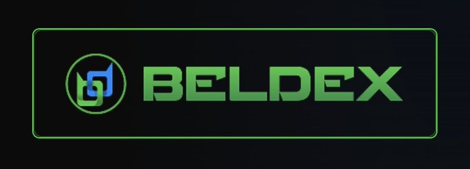A green neon-style logo for 'BELDEX' cryptocurrency displayed in a rounded rectangular border on a dark background.
