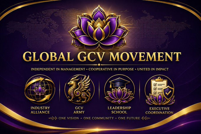 The image is a promotional graphic for the "Global GCV Movement," featuring a purple and gold lotus emblem above the tagline "Independent in Management • Cooperative in Purpose • United in Impact." Four icons represent its pillars: Industry Alliance, GCV Army, Leadership School, and Executive Coordination, unified by the motto "One Vision • One Community • One Future." This visual directly illustrates the post's official clarification about the Movement's distinct organizational identity and independence from the Pi Core Team, emphasizing its separate branding and self-managed structure.