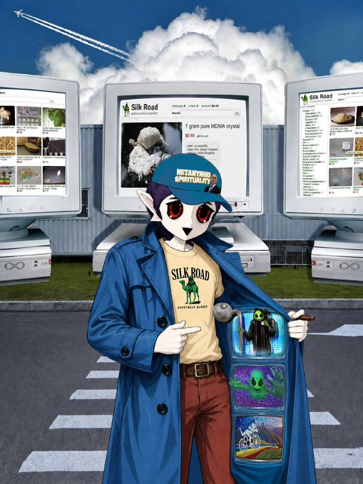 An anime-style character wearing a 'METAPHOR SPIRITUALITY' cap and a 'SILK ROAD' shirt, holding a cigarette and a tray with green alien figures, standing in front of giant computer monitors displaying the Silk Road website.
