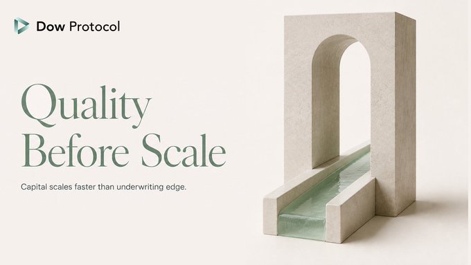 A promotional graphic for "Dow Protocol" featuring a minimalist stone archway with a stream of water flowing through it, alongside the headline "Quality Before Scale" and tagline "Capital scales faster than underwriting edge."

The image visually reinforces the post's message: the stone archway symbolizing the solid, carefully constructed foundation of credit underwriting, while the rushing water represents the fast-moving capital that can easily overflow without that strong foundation—mirroring the text's warning that growth alone cannot fix bad loans and that underwriting quality must come first.