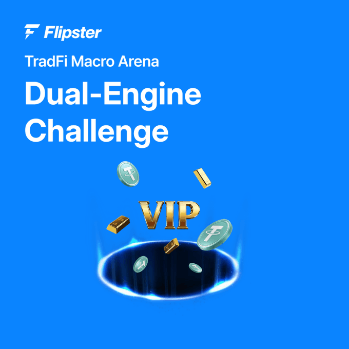 The "Flipster TradFi Macro Arena Dual-Engine Challenge" is live, featuring VIP status and rewards. This image visually represents the challenge with the word "VIP" surrounded by gold bars and coins falling into a vortex.