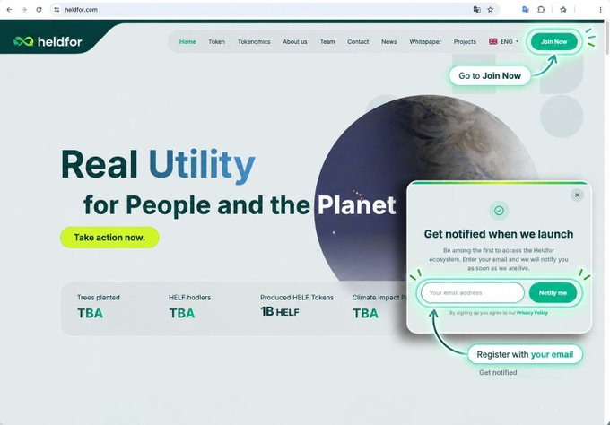 Screenshot of the heldfor.com website homepage showing 'Real Utility for People and the Planet' with navigation highlighting the 'Join Now' button and an email registration popup.