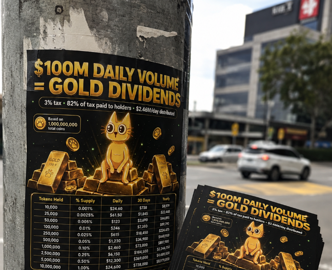 A promotional flyer titled "$100M DAILY VOLUME = GOLD DIVIDENDS" advertises a 3% tax distribution to coin holders, displaying payout tiers (e.g., $24.40 daily for 10,000 coins up to $24,600 for 10 million coins) beside a cat sitting on gold bars. The image ties to the post's message by illustrating the passive dividend income potential designed to attract "neets" (non-employed individuals) who can simply hold the coin to earn gold payouts.