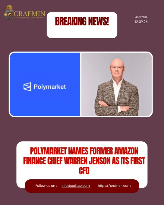 Breaking news graphic from Crafmin dated 12.09.26 Australia announcing that Polymarket has named former Amazon finance chief Warren Jenson as its first CFO, featuring the Polymarket logo and a photo of a bald man in a checkered blazer with arms crossed.
