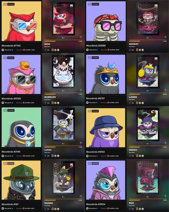 The image displays an NFT collection of "Legendary" Moonbird cards (#740, #3988, #3050, #5797, #2146, #9150, #1167, #3804) from the Panini Blockchain collaboration, each featuring uniquely styled penguin artwork with various accessories like sunglasses, hats, and crowns.