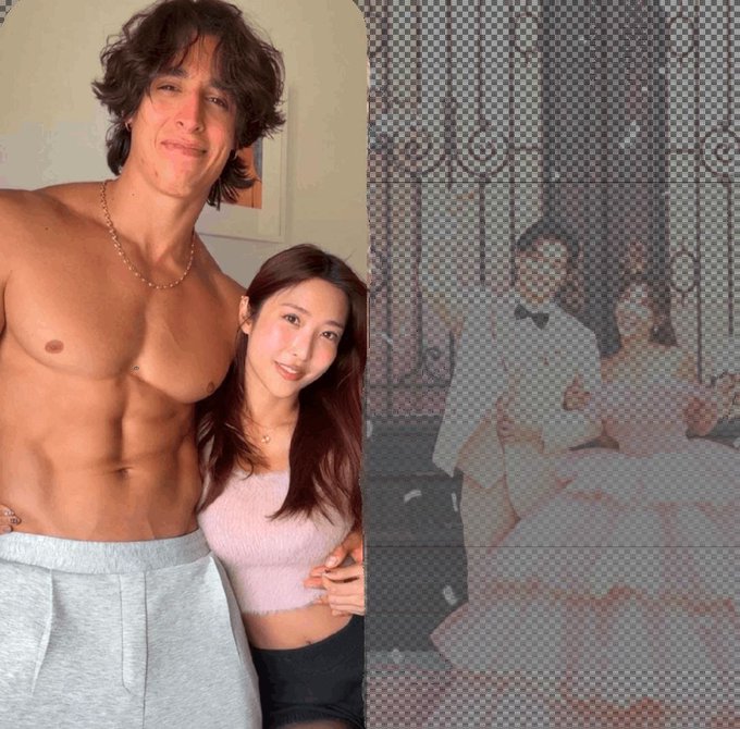 Two photos are shown side by side: on the left, a shirtless man poses with a woman in a pink top; on the right, a pixelated wedding photo shows the couple in formal attire.