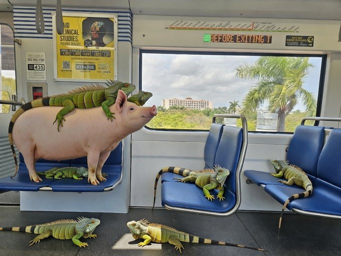 A surreal scene on a public transit train featuring a pink pig with green iguanas resting on its back, surrounded by several other iguanas lounging on the blue seats and floor.