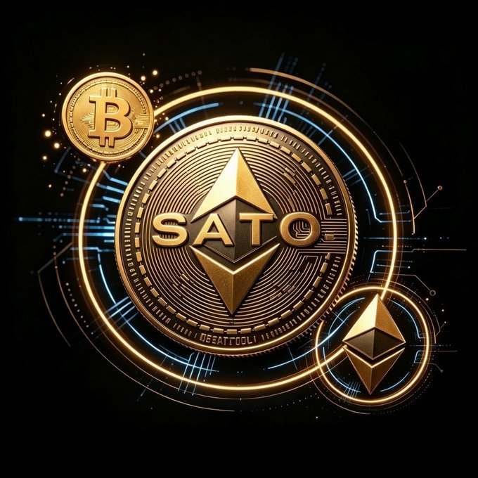 A golden "SATO" coin with an Ethereum-style diamond logo is prominently displayed alongside a Bitcoin coin, set against a dark background with glowing blue circuit board patterns and neon rings, visually representing the cryptocurrency's blend of established crypto aesthetics and new on-chain value. The metallic, high-tech design underscores the post's theme of $SATO transcending short-term hype through solid, underlying technological fundamentals.