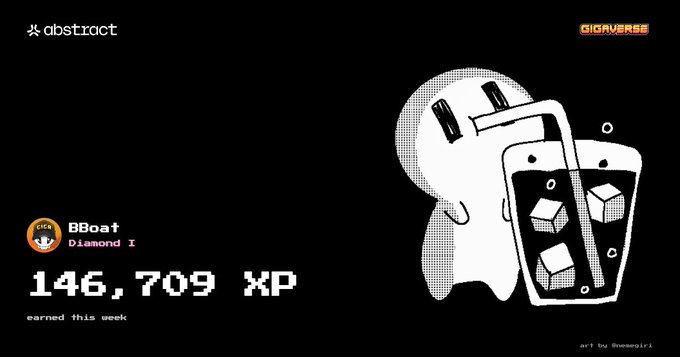 An Abstract XP card shows user "BBoat" at "Diamond I" rank with "146,709 XP earned this week," featuring a cartoon character holding a glass of ice cubes, branded with "GIGAVERSE" and "art by @weeeegirl."